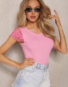 g-dz fashion Bluză reiată roză cu paiete și inserții din dantelă Thaleni