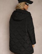  Geacă matlasată neagră Oversize cu glugă și cu buzunare aplicate Gomella