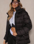 Geacă Neagră cu Glugă Detașabilă Împodobită cu Cusături Matlasate Laosias