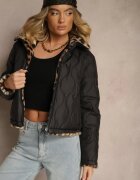  Geacă Negru Reversibilă cu Cusături Matlasate și Blană cu Imprimeu Leopard Cesita