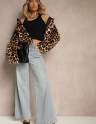  Geacă Negru Reversibilă cu Cusături Matlasate și Blană cu Imprimeu Leopard Cesita