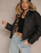  Geacă Negru Reversibilă cu Cusături Matlasate și Blană cu Imprimeu Leopard Cesita