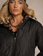  Geacă Negru Reversibilă cu Cusături Matlasate și Blană cu Imprimeu Leopard Cesita