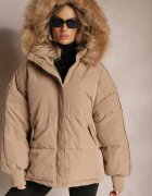  Geacă Oversize bej închisă cu glugă de blană Haduni