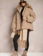  Geacă Oversize bej închisă cu glugă de blană Haduni