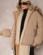  Geacă Oversize bej închisă cu glugă de blană Haduni
