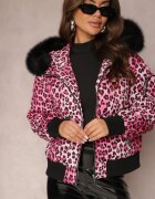  Geacă Roz Matlasată cu imprimeu leopard cu glugă și Borsetă Decorativă Sadeve