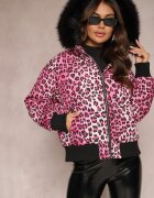  Geacă Roz Matlasată cu imprimeu leopard cu glugă și Borsetă Decorativă Sadeve