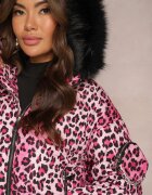  Geacă Roz Matlasată cu imprimeu leopard cu glugă și Borsetă Decorativă Sadeve