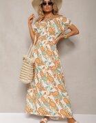 generation Rochie Albă-Portocalie din Bumbac cu Elastic în Talie Baletta