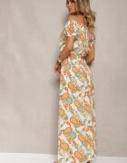 generation Rochie Albă-Portocalie din Bumbac cu Elastic în Talie Baletta