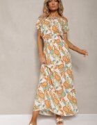 generation Rochie Albă-Portocalie din Bumbac cu Elastic în Talie Baletta