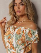generation Rochie Albă-Portocalie din Bumbac cu Elastic în Talie Baletta