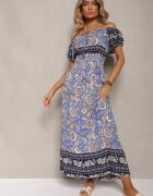 generation Rochie Albastră din Bumbac cu Elastic în Talie și Legătură la Decolteu Hiletta