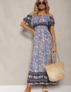 generation Rochie Albastră din Bumbac cu Elastic în Talie și Legătură la Decolteu Hiletta