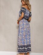 generation Rochie Albastră din Bumbac cu Elastic în Talie și Legătură la Decolteu Hiletta