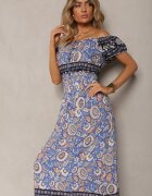 generation Rochie Albastră din Bumbac cu Elastic în Talie și Legătură la Decolteu Hiletta