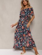 generation Rochie Bleu marin din bumbac stil spaniol cu cordon în talie cu imprimeu floral Risarrae