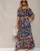 generation Rochie Bleu marin din bumbac stil spaniol cu cordon în talie cu imprimeu floral Risarrae