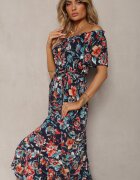 generation Rochie Bleu marin din bumbac stil spaniol cu cordon în talie cu imprimeu floral Risarrae