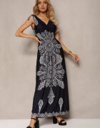 generation Rochie bleumarin cu model ornamental cu șnururi la umeri și elastic în talie Alerada
