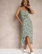 generation Rochie Bleumarin-Verde din Bumbac cu Bretele cu Șliț Asimetric și Decolteu în V Milloa