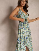 generation Rochie Bleumarin-Verde din Bumbac cu Bretele cu Șliț Asimetric și Decolteu în V Milloa