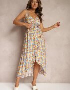 generation Rochie Galben-Albastru din Bumbac cu Bretele cu Fentă Asimetrică și Decolteu în V Milloa