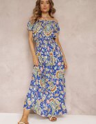 generation Rochie Maxi Albastră de Bumbac cu decolteu spaniol și elastic subțire în talie Alarina