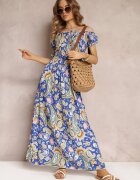 generation Rochie Maxi Albastră de Bumbac cu decolteu spaniol și elastic subțire în talie Alarina