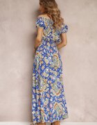 generation Rochie Maxi Albastră de Bumbac cu decolteu spaniol și elastic subțire în talie Alarina