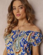 generation Rochie Maxi Albastră de Bumbac cu decolteu spaniol și elastic subțire în talie Alarina