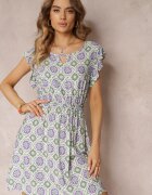 generation Rochie Mini din Bumbac Verde-Mov cu Model Mozaic cu Elastic în Talie Fiyona