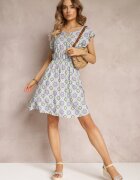 generation Rochie Mini din Bumbac Verde-Mov cu Model Mozaic cu Elastic în Talie Fiyona