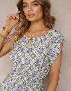 generation Rochie Mini din Bumbac Verde-Mov cu Model Mozaic cu Elastic în Talie Fiyona