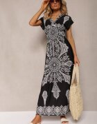 generation Rochie Neagră de Vară cu elastic în talie cu top petrecut și imprimeu ornamental Avilepea