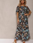 generation Rochie Negru-Albastră de bumbac spaniolă legată în talie cu imprimeu floral Risarrae