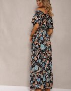 generation Rochie Negru-Albastră de bumbac spaniolă legată în talie cu imprimeu floral Risarrae