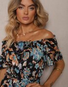 generation Rochie Negru-Albastră de bumbac spaniolă legată în talie cu imprimeu floral Risarrae