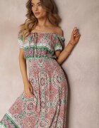 generation Rochie Verde-Roz Maxi cu umeri goi cu elastic în talie și șiret decorativ din bumbac Giannis