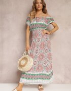 generation Rochie Verde-Roz Maxi cu umeri goi cu elastic în talie și șiret decorativ din bumbac Giannis