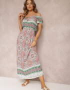 generation Rochie Verde-Roz Maxi cu umeri goi cu elastic în talie și șiret decorativ din bumbac Giannis