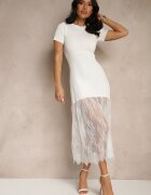 giorgia Rochie Albă Reiată Decorată cu Dantelă Lorzedi