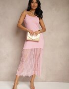 giorgia Rochie Roz Cocktail din Material Reiat Decorată cu Dantelă Sonarethia