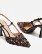givana Pantofi stiletto negri din tweed Slingback cu vârf ascuțit Binea