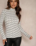glo-story Bluză Alb-Negru din Bumbac cu Guler Înalt cu Model cu Litere Stelinne