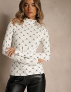 glo-story Bluză Albă cu mânecă lungă semi-golf din bumbac decorată cu imprimeu geometric Zantila