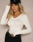 glo-story Bluză Albă Din Bumbac Longsleeve cu Decolteu în V Kairelle