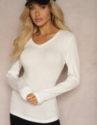 glo-story Bluză Albă Din Bumbac Longsleeve cu Decolteu în V Kairelle