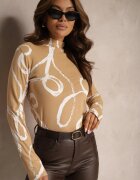 glo-story Bluză Bej din Bumbac Decorată cu Model Abstract Velanie